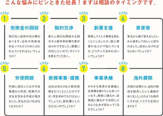 売掛金の回収・契約交渉・創業支援・賃貸借・労使問題・新事業・提携・事業継承・海外展開