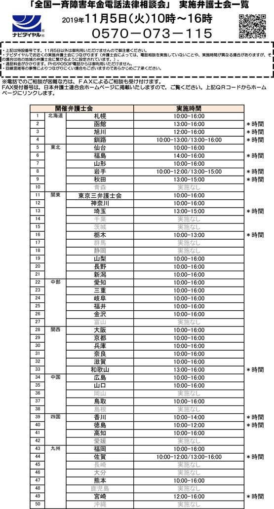 「第２回全国一斉障害年金電話法律相談会」のご案内