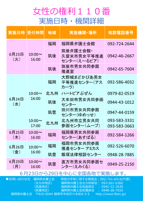 女性の権利１１０番（弁護士による無料電話相談）