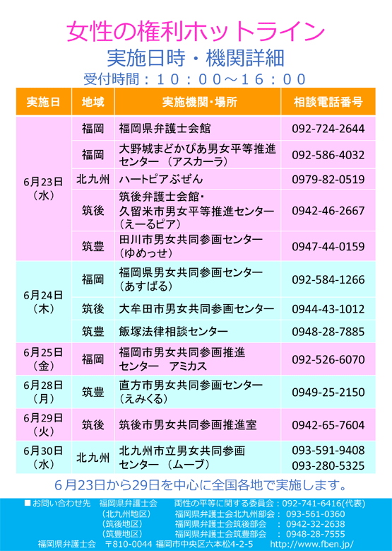 女性の権利ホットライン（旧110番）（弁護士による無料電話相談）